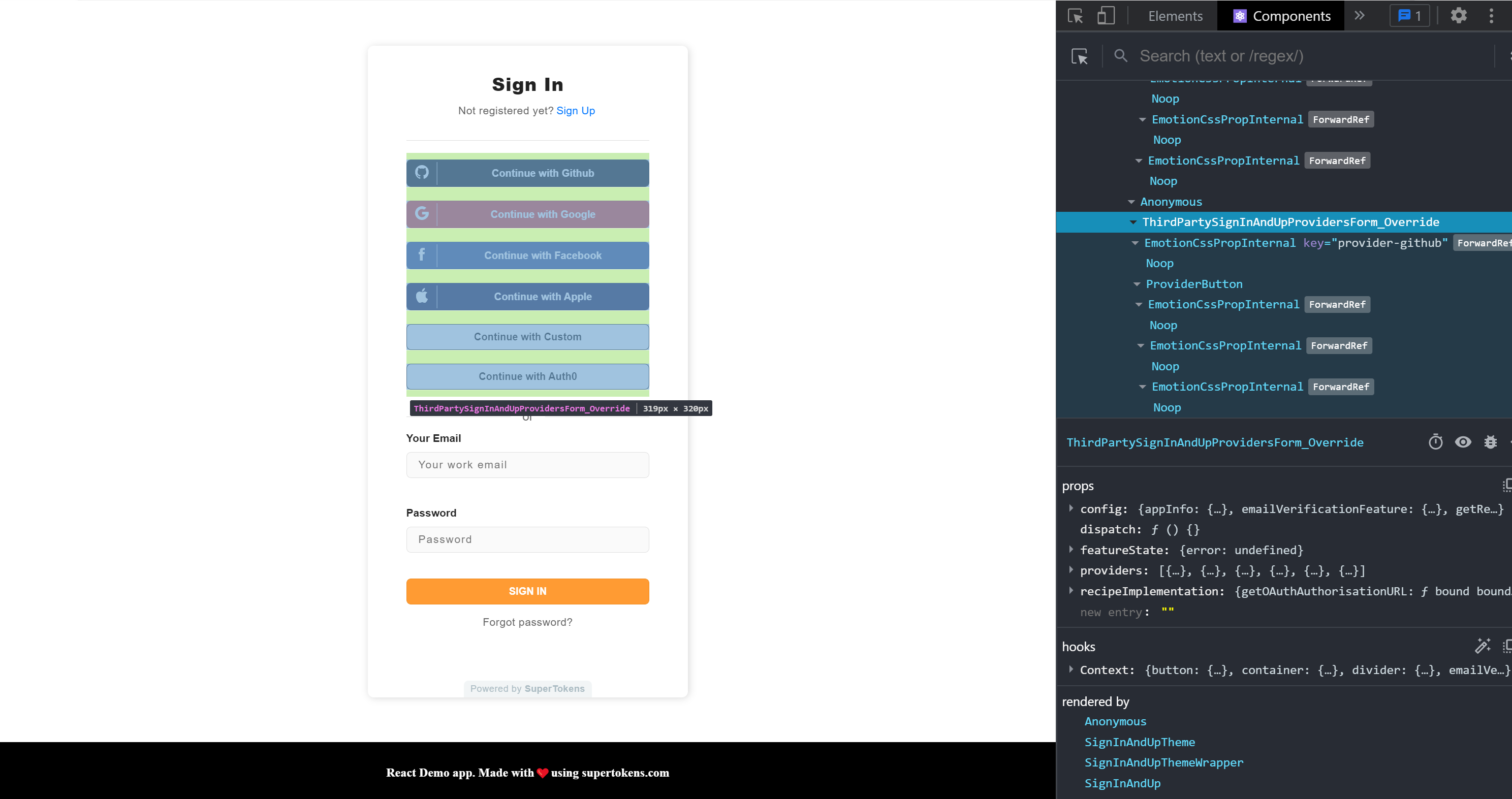 Checking which component from the prebuilt UI will be overridden using React Developer Tools extension